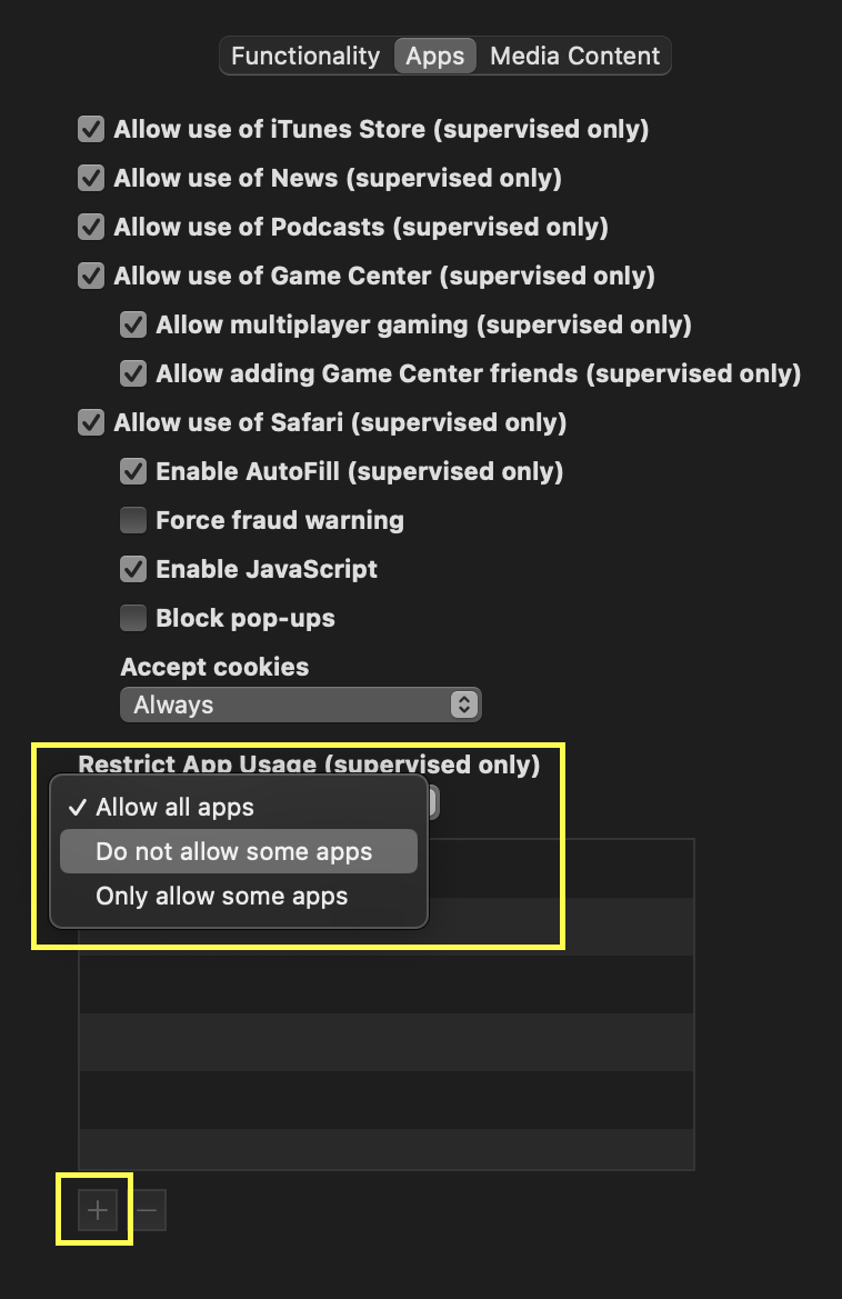 Pick app tab and change restriction type